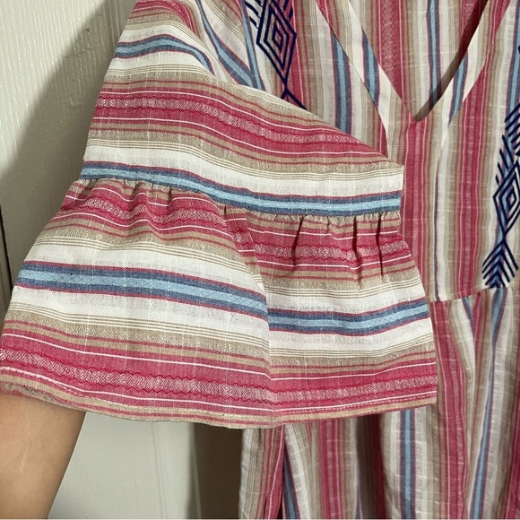 EASEL Striped Multicolor V-Neck Embroidered Tiered Dress with pockets | size L - Picture 4 of 10